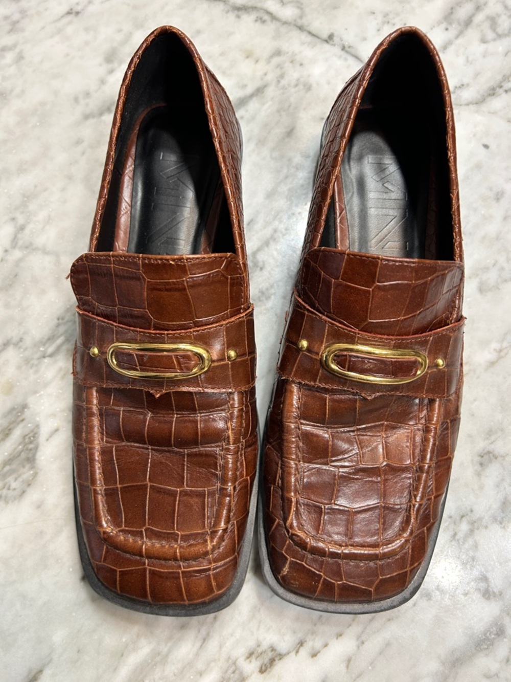 Cognac Croc-Embossed Leather Loafers with Gold Accent